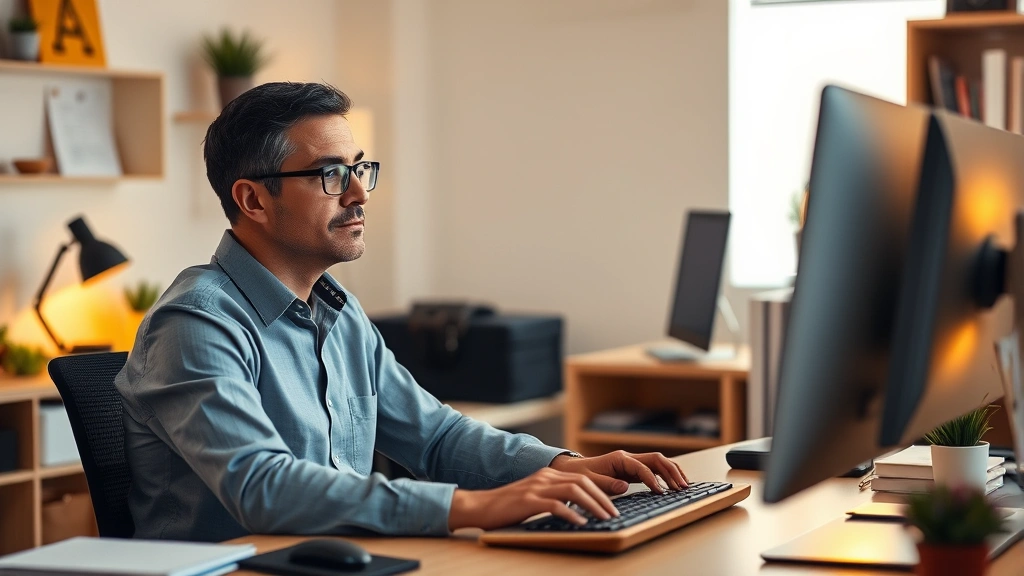 Professional working at desk in deep concentration, calm posture, organized workspace with minimal distractions, warm lighting, hands relaxed on keyboard, peaceful yet productive energy