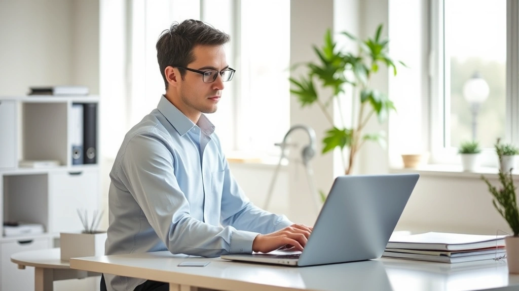 A professional in a sunlit office workspace, sitting at a clean desk with minimal items, appearing deeply focused and calm while working on a laptop, bright natural light streaming through windows, peaceful and productive atmosphere