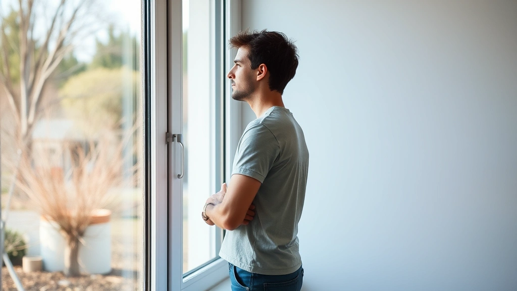 A person during a break from focused work, standing by a window looking outside, appearing refreshed and relaxed, natural outdoor scenery visible, embodying recovery and mental reset between work sessions