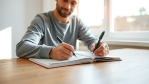 Person writing in a blank notebook at a clean wooden desk with morning sunlight streaming through a window, focused expression, minimal background, photorealistic