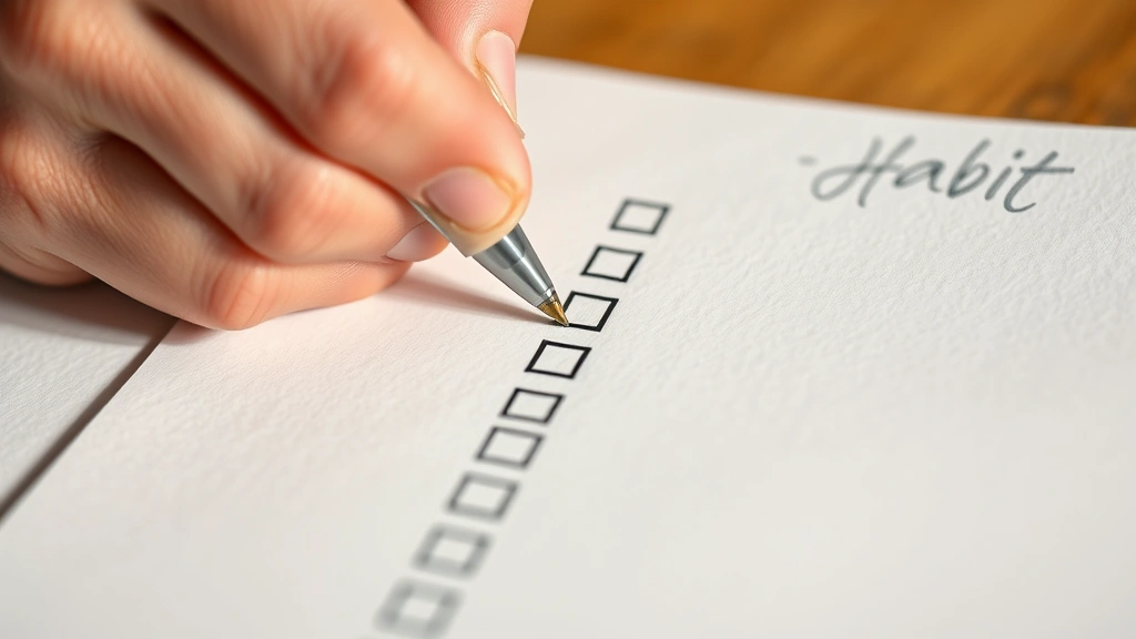 Close-up of a hand checking off completed items in a habit tracker grid, pen mid-stroke, natural lighting, organized page layout visible, photorealistic