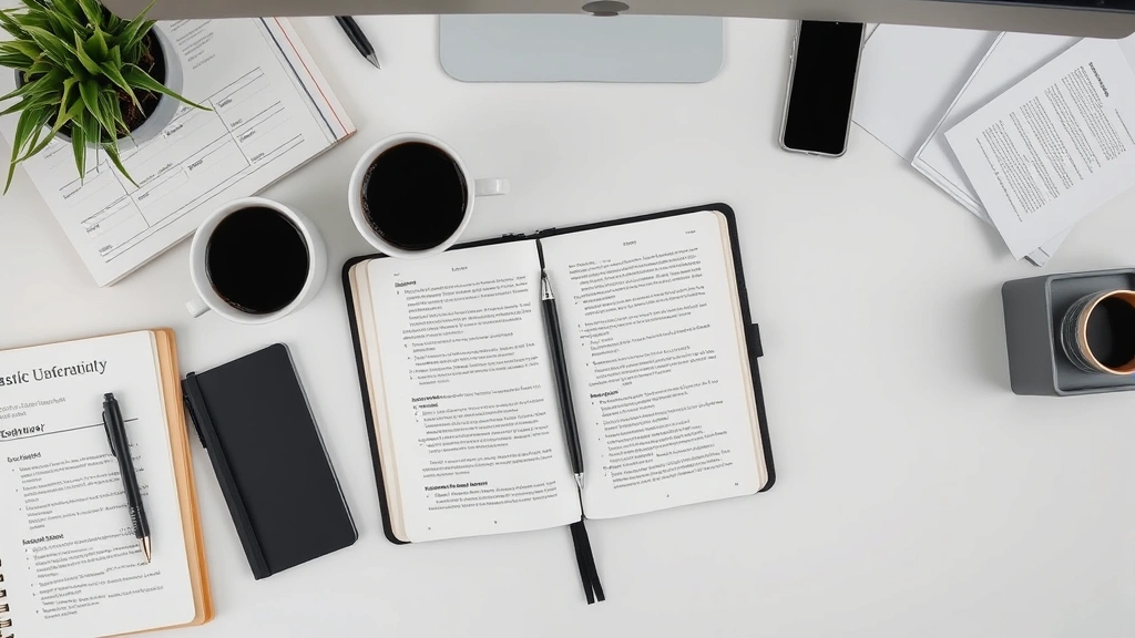 Overhead view of an organized workspace with an open journal, coffee cup, and clear desk space, calm professional environment, photorealistic