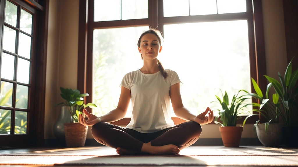 Person sitting cross-legged in peaceful meditation pose, sunlight streaming through large window, serene indoor garden setting with plants, natural light, calm facial expression, focus and tranquility evident