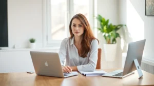 Person sitting at minimalist wooden desk with single task visible, morning natural light streaming through window, focused expression, clean workspace environment, professional yet calm atmosphere
