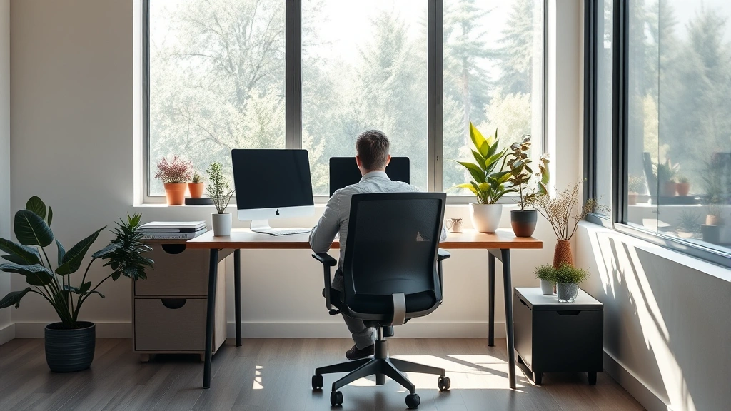 Professional workspace with natural light streaming through windows, minimalist desk setup with plants, person sitting in ergonomic chair facing away toward window, no screens visible, calm focused atmosphere, photorealistic