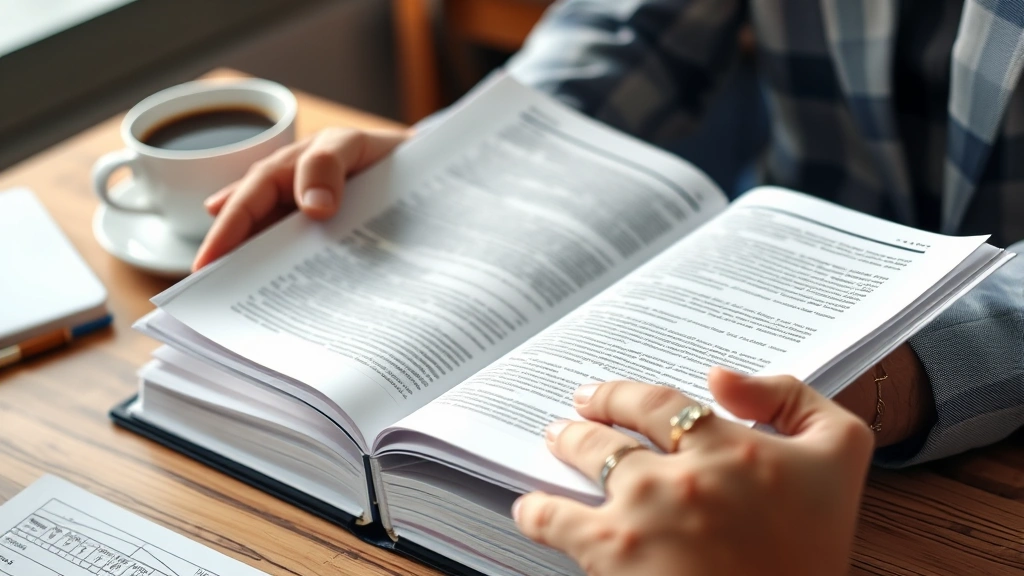Detailed close-up of hands holding open technical manual or reference book, pages visible but text illegible, natural lighting, wooden desk surface, coffee cup nearby, photorealistic professional setting
