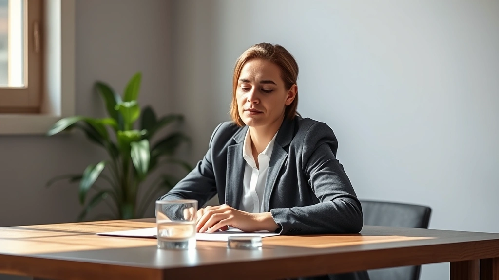 Professional person sitting at minimalist wooden desk with natural light streaming through window, peaceful focused expression, single cup of water nearby, blurred green plant in background, morning sunlight illuminating face, calm concentration, no screens visible
