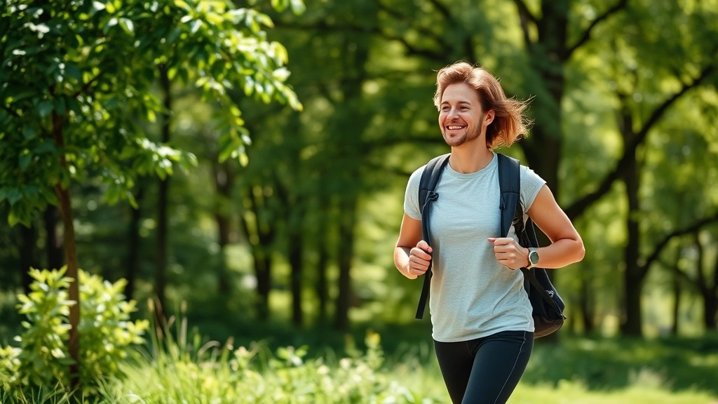 Active person taking a walking break outdoors, natural daylight, green environment with trees, relaxed posture, genuine smile, movement in progress, nature background, peaceful recovery activity, no urban elements