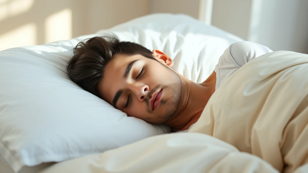 Person sleeping peacefully in bed with natural morning light, serene bedroom environment, calm expression, rest and recovery, neutral tones, early morning atmosphere, wellness focus, no visible clock or devices