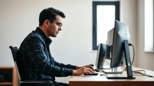 Professional workplace scene showing a person intensely focused on computer work, sitting at modern desk with minimalist design, natural daylight from window, calm concentrated expression, neutral background