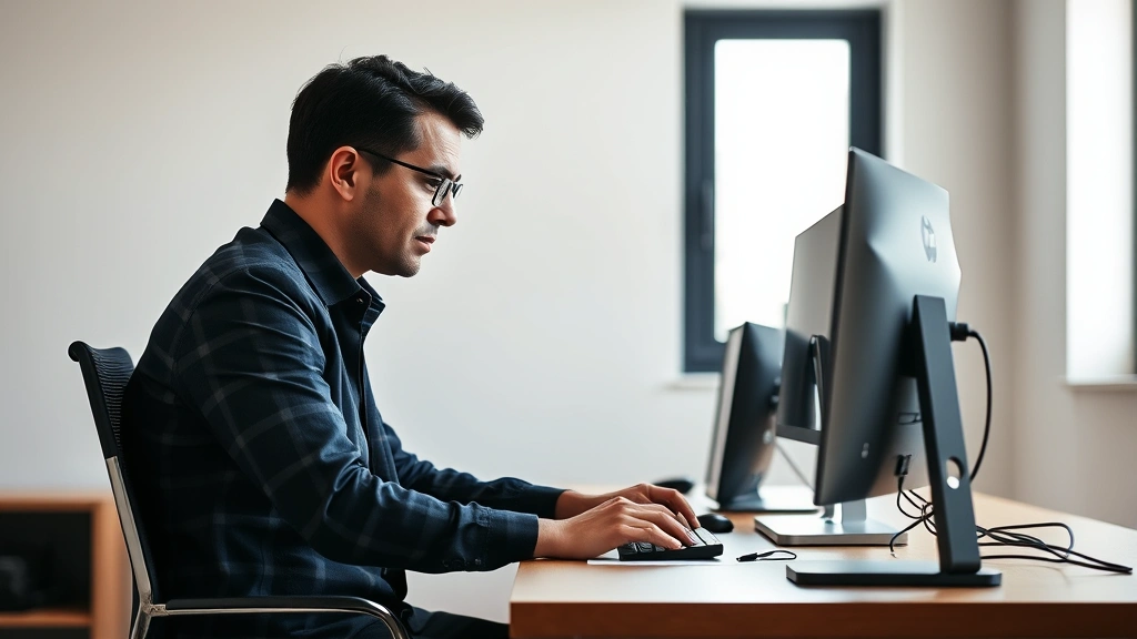 Professional workplace scene showing a person intensely focused on computer work, sitting at modern desk with minimalist design, natural daylight from window, calm concentrated expression, neutral background