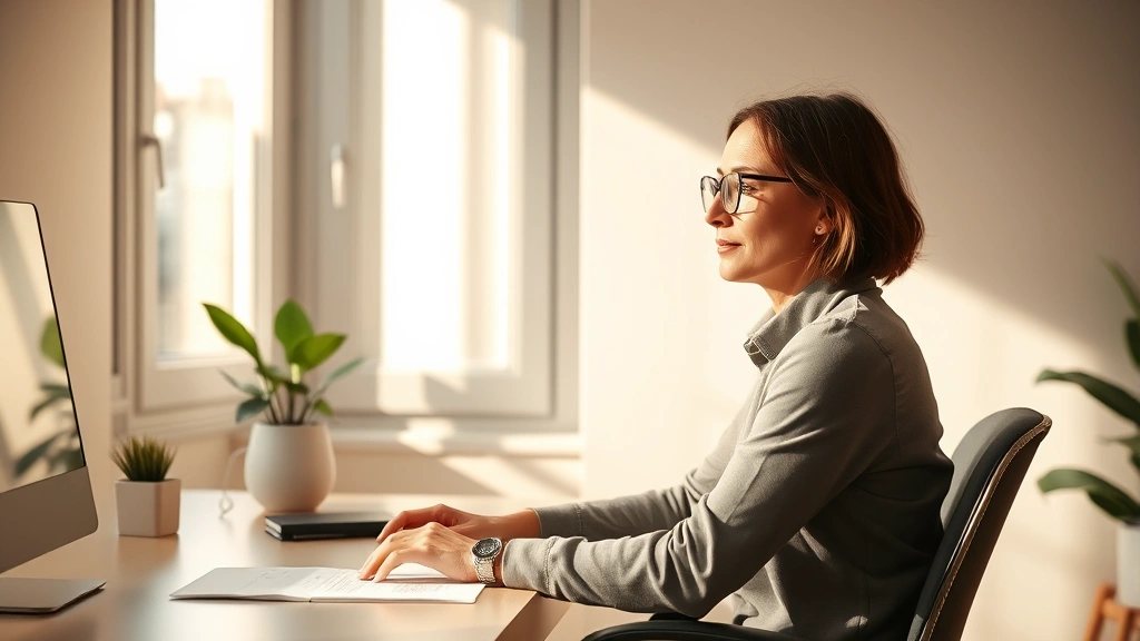 Person sitting at clean desk with natural sunlight streaming through window, focused and calm expression, minimalist workspace with plant, warm neutral tones, professional yet peaceful environment