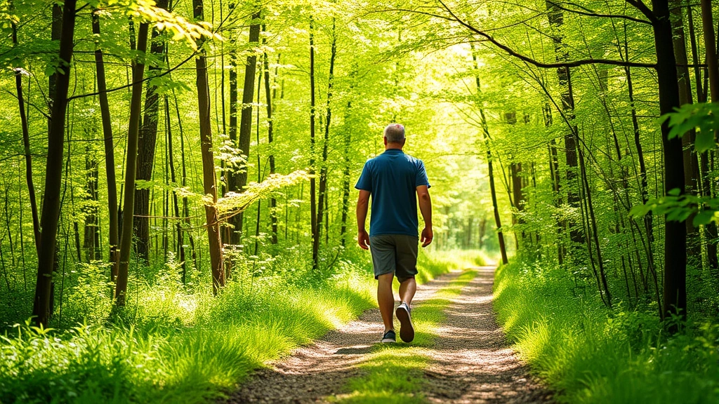 Individual walking through forest path surrounded by green trees and natural light, peaceful expression, nature environment promoting mental clarity and restoration, bright natural lighting