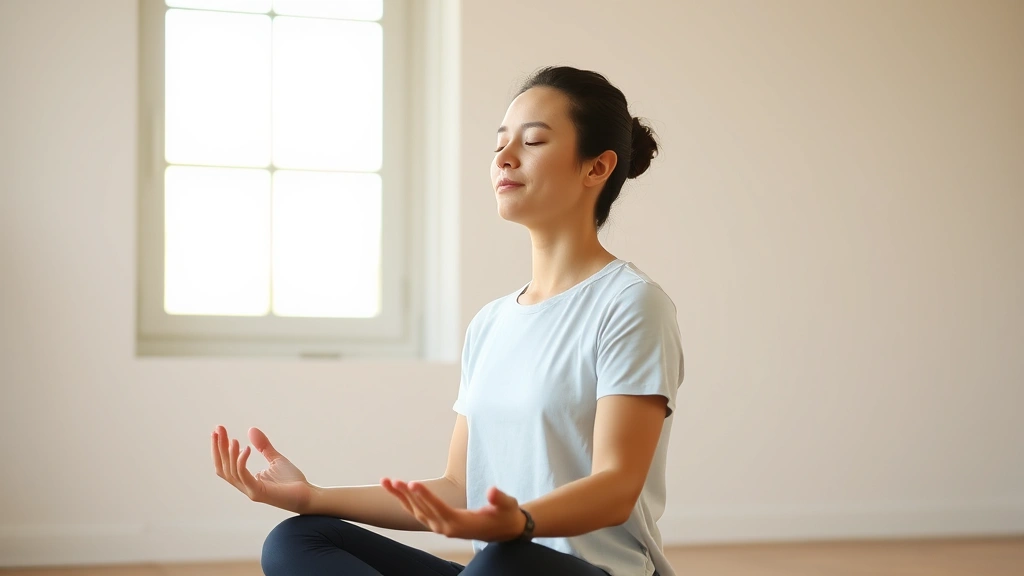 Person practicing meditation or mindfulness in bright room with window, serene posture, natural light, peaceful facial expression, calm and focused mental state, minimalist background
