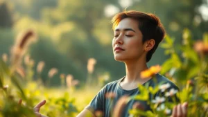 Person meditating outdoors in peaceful natural setting with soft morning light, eyes closed in calm concentration, surrounded by blurred green foliage and wildflowers, photorealistic, serene atmosphere, no text or clocks