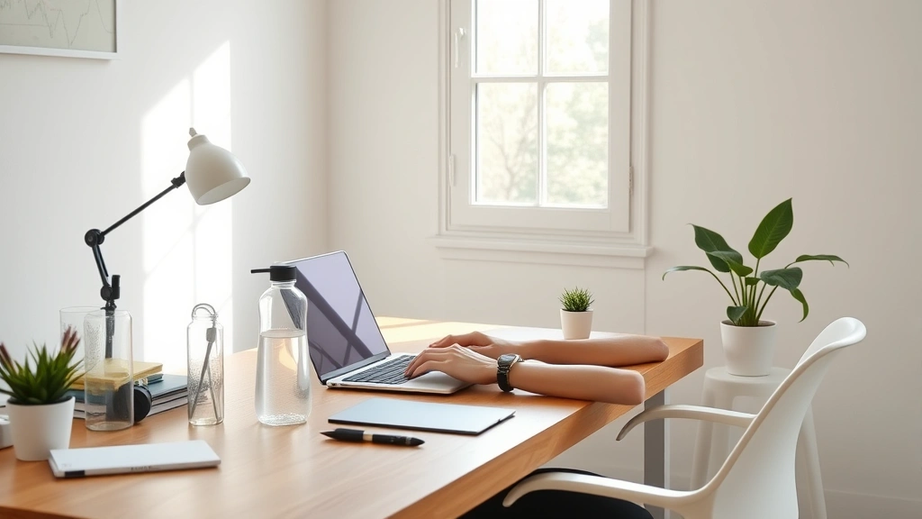 Organized minimalist workspace with natural window light, wooden desk with laptop, water bottle, and plant, person typing with focused posture, bright airy room, no visible screens showing content or text
