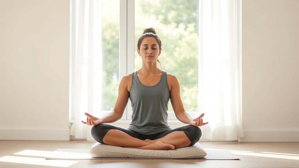 Person meditating peacefully in natural light, sitting cross-legged on cushion with serene expression, focused demeanor, indoor minimalist setting