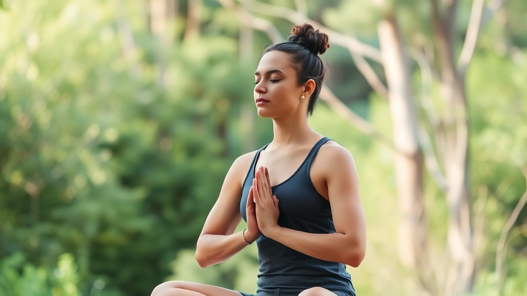 Meditating person showing concentration, peaceful posture, natural background, demonstrating mental focus through body language and composure