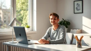 Person sitting at clean desk with morning sunlight streaming through window, peaceful expression, notebook and pen visible, natural lighting, calm workspace environment, photorealistic