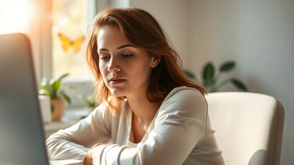 Serene person at desk with soft sunlight, blurred butterfly visible through window, peaceful focus expression, warm natural lighting, minimalist workspace with plants