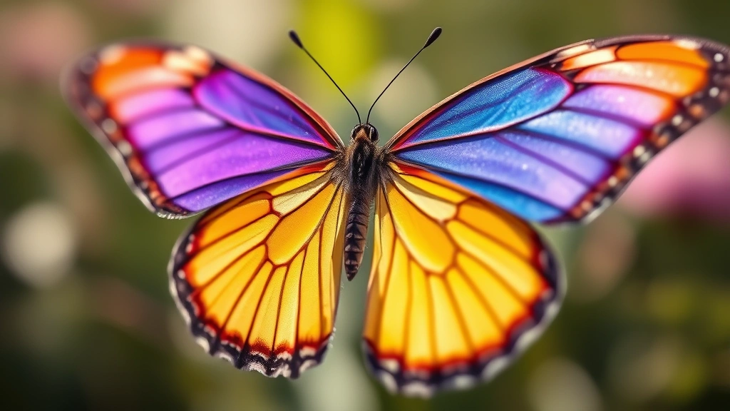 Close-up of delicate butterfly wings in vibrant colors, shallow depth of field, natural outdoor setting, sunlit, photorealistic detail, symbolizing transformation and clarity