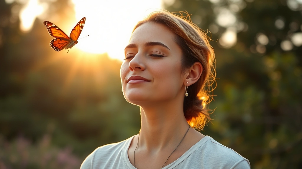 Person meditating outdoors with eyes closed, nature background, butterfly in flight nearby, golden hour lighting, peaceful expression, embodying mental clarity and focus