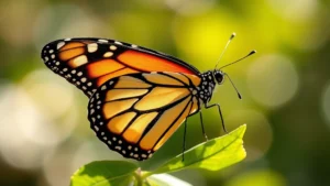 Close-up of a delicate monarch butterfly perched on a green leaf, sunlight illuminating translucent wings, soft natural bokeh background, photorealistic macro photography, vibrant orange and black patterns clearly visible