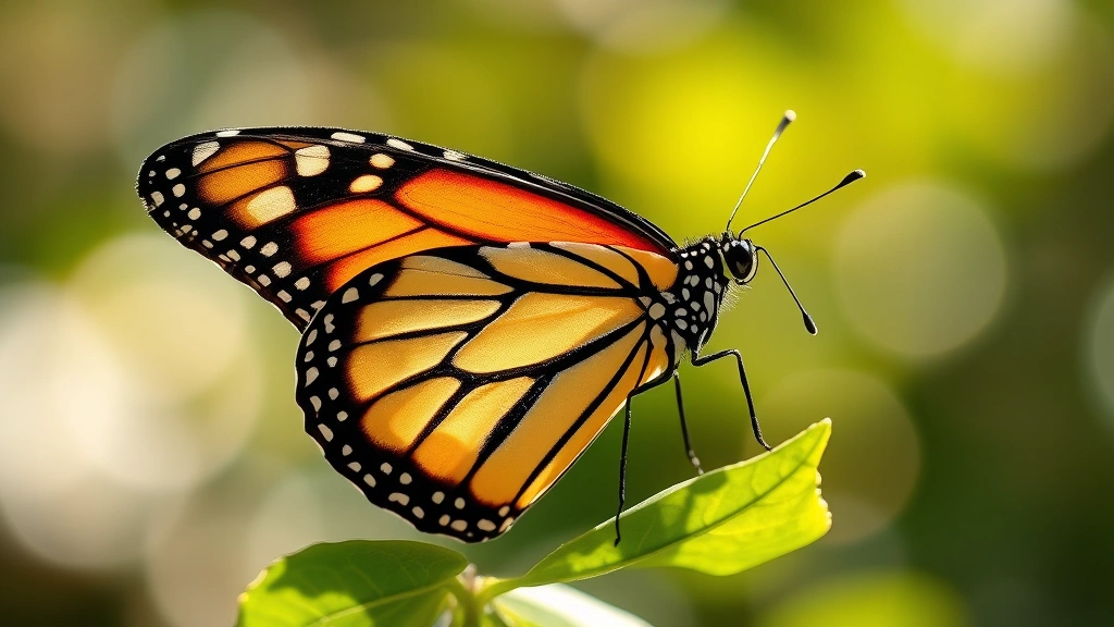 Close-up of a delicate monarch butterfly perched on a green leaf, sunlight illuminating translucent wings, soft natural bokeh background, photorealistic macro photography, vibrant orange and black patterns clearly visible