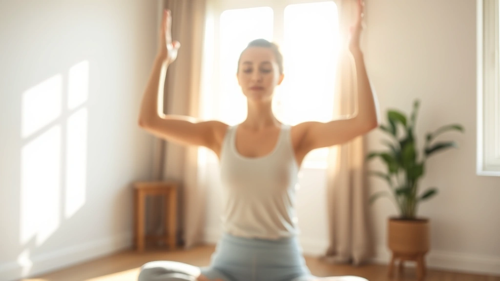 Woman in peaceful meditation pose in sunlit room, soft focus on her face showing calm concentration, natural window light creating warm glow, minimalist interior, embodying mental clarity and focus, photorealistic lifestyle photography