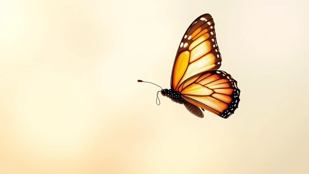 Watercolor-style butterfly in flight against soft gradient background, wings mid-flutter showing movement and transformation, warm sunlight effects, artistic yet photorealistic rendering, representing emergence and freedom