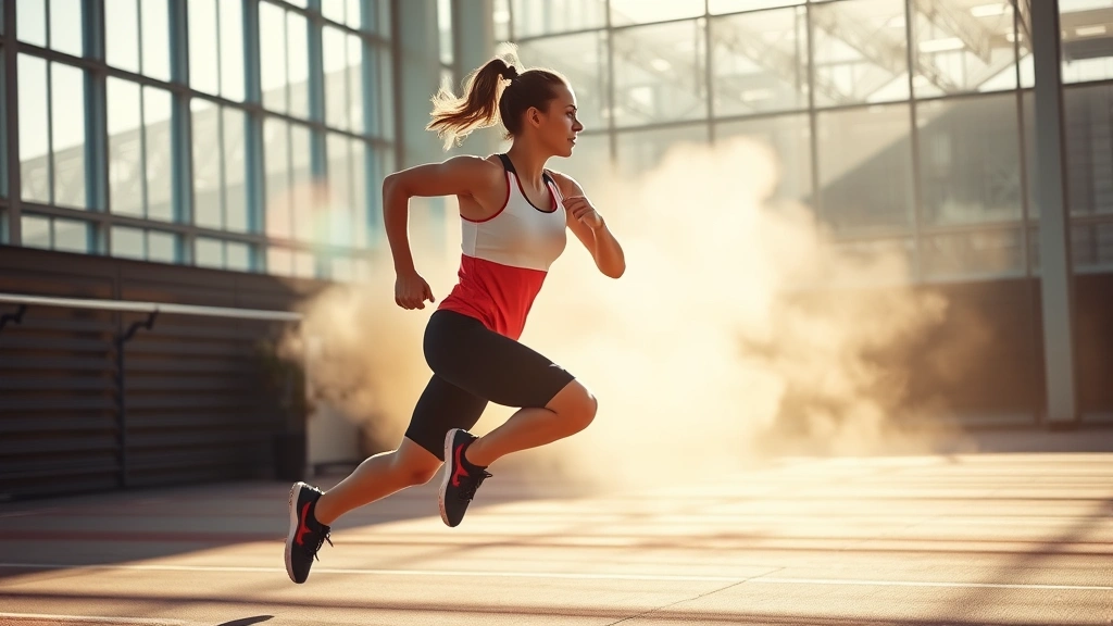 Athlete or person in motion during exercise, dynamic movement showing physical activity, bright energetic setting, natural lighting, photorealistic capture of physical exertion and vitality