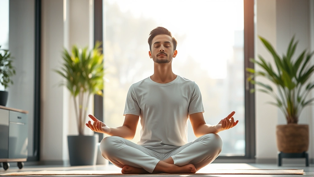 Person sitting in meditation posture by large window with natural sunlight, peaceful expression, professional office environment in soft focus background, photorealistic, peaceful concentration