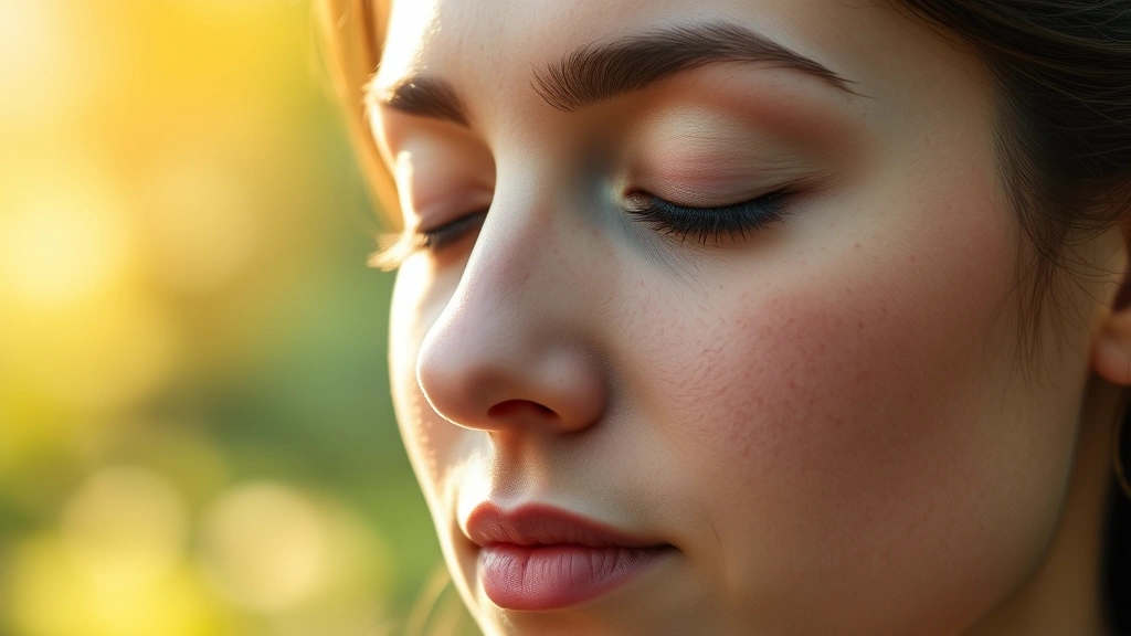 Close-up of person's face during meditation, eyes gently closed, serene expression, warm natural lighting, blurred nature background, photorealistic mindfulness focus