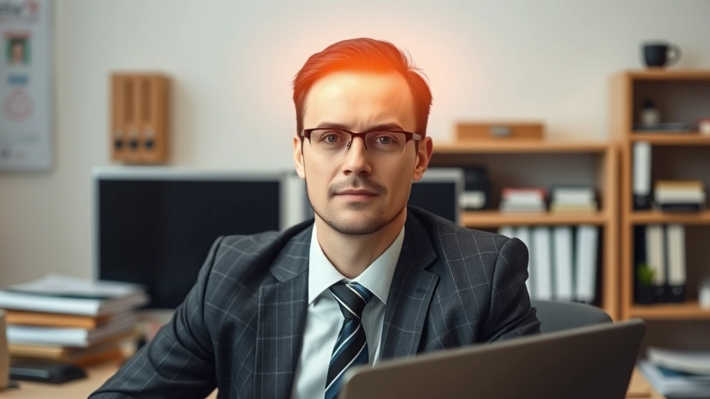 Professional at desk with clear mind, subtle glow around head suggesting mental clarity, organized workspace, focused yet calm demeanor, photorealistic cognitive enhancement visualization