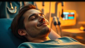 Person in clinical setting receiving ketamine infusion therapy, peaceful expression, warm lighting, medical professional in background, focused on patient comfort and professional medical environment