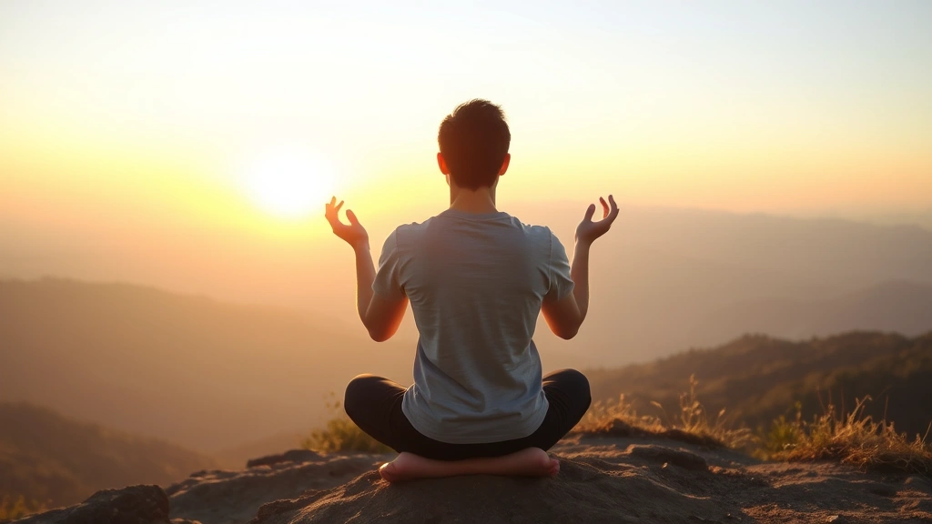 Person sitting in meditative position during sunrise on mountain overlooking landscape, peaceful expression, hands in focus gesture, golden hour lighting, serene atmosphere