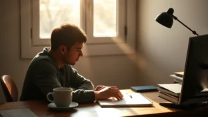 Person in deep focus at wooden desk, morning sunlight streaming through window, coffee cup nearby, peaceful concentrated expression, minimal desk setup