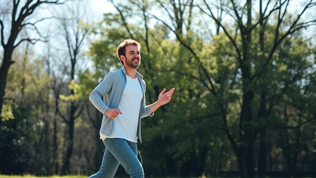 Person walking outdoors in natural setting, bright daylight, energetic movement, trees and nature background, active posture suggesting mental clarity