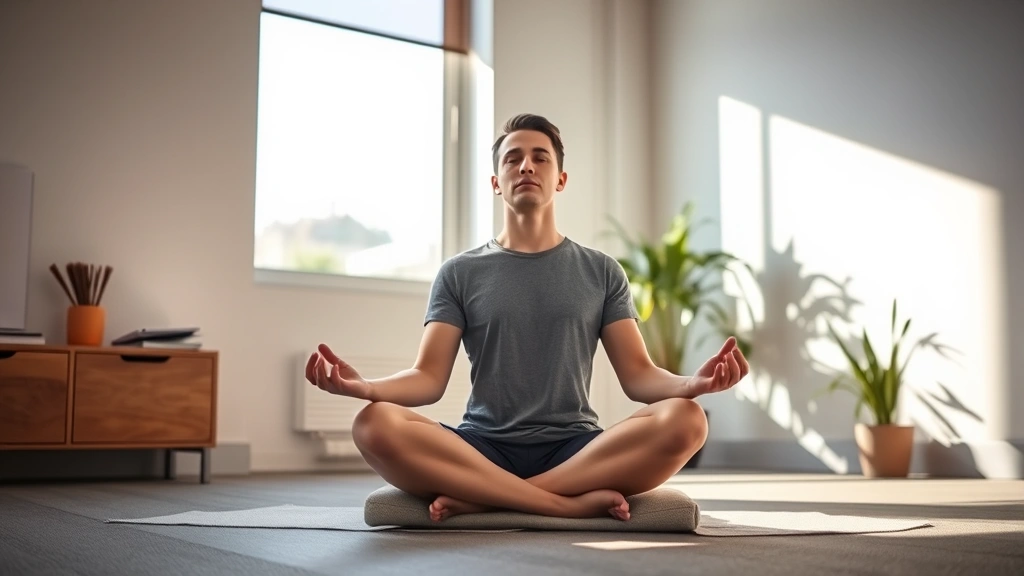 Person meditating in modern minimalist office space, morning sunlight through window, calm focused expression, sitting cross-legged on meditation cushion, natural light emphasizing tranquility and concentration