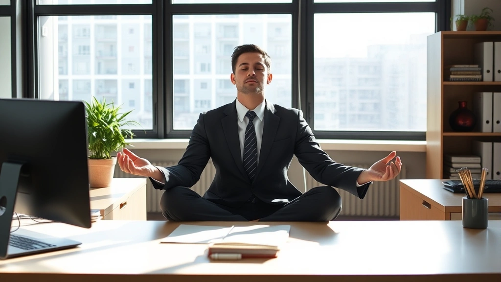 Professional in business attire taking a meditation break at desk during workday, peaceful expression, quiet office environment, sunlight, representing workplace mindfulness and focus restoration