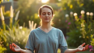 Person meditating outdoors in natural garden setting, serene facial expression, morning sunlight, peaceful environment, photorealistic, calm focused energy