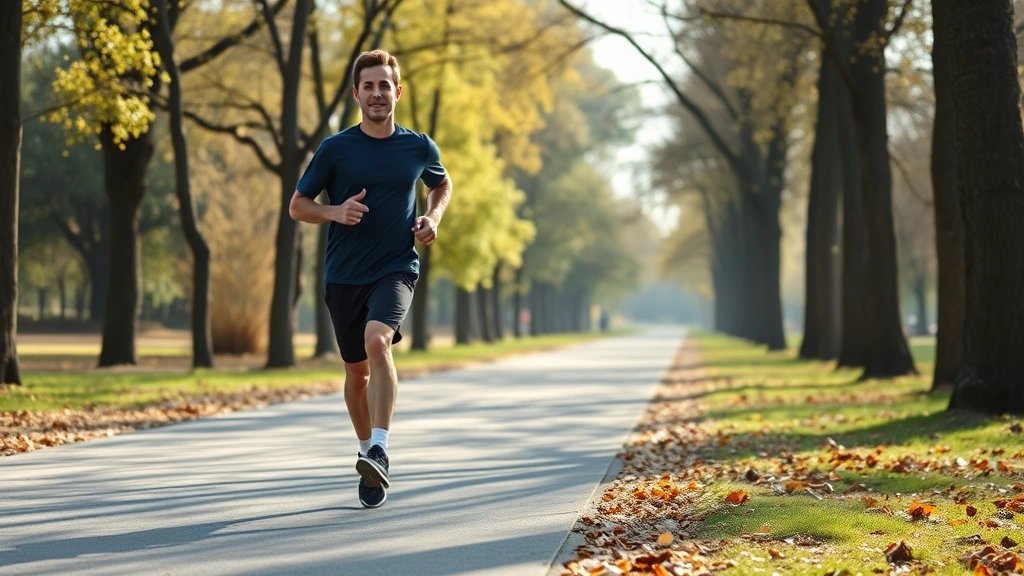 Person jogging through park pathway with trees, morning exercise, natural surroundings, energetic movement, photorealistic, outdoor wellness activity
