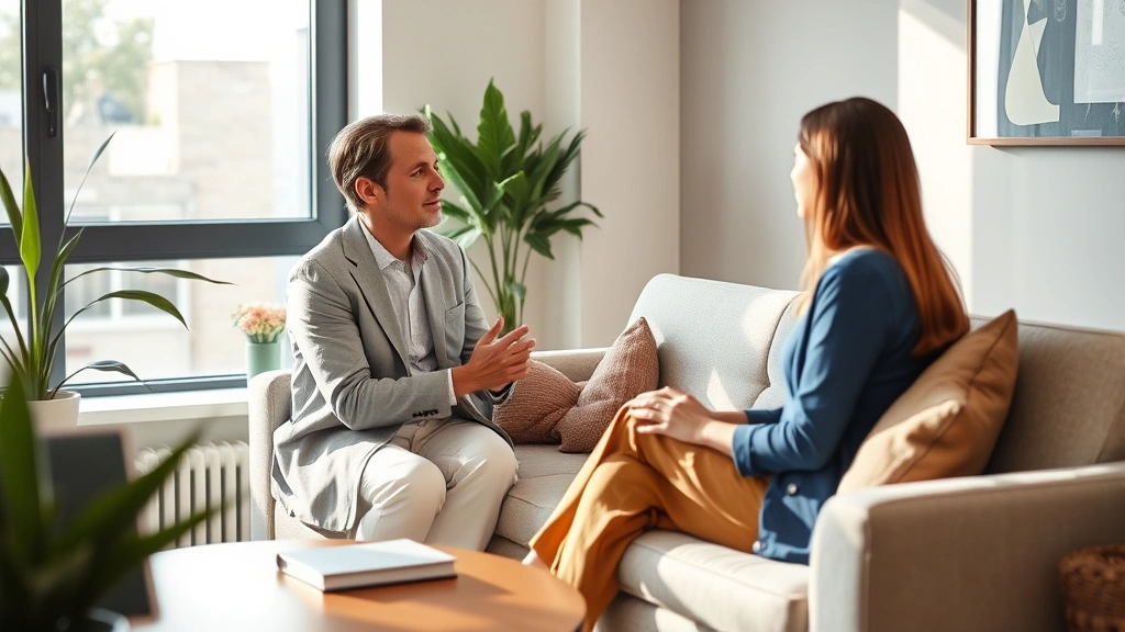 Therapist in modern office speaking with patient on comfortable couch, natural light from window, focused attentive listening, calm professional environment, photorealistic