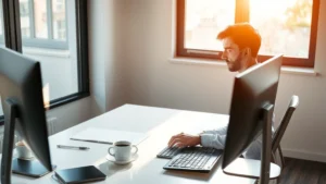 Professional person sitting at clean, minimalist desk with natural morning light streaming through window, focused expression, hands on keyboard, warm coffee cup nearby, no visible screens or clocks