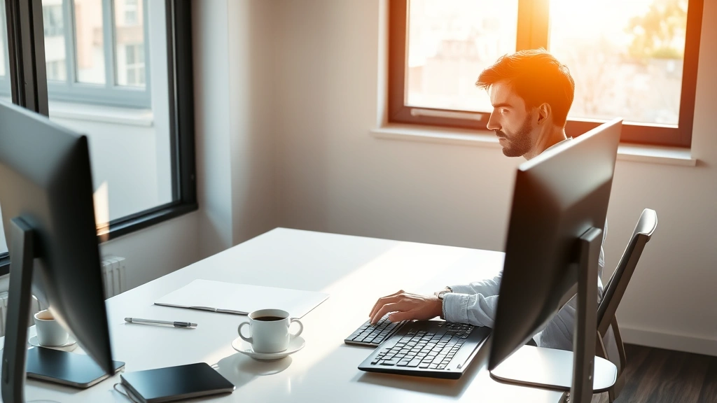 Professional person sitting at clean, minimalist desk with natural morning light streaming through window, focused expression, hands on keyboard, warm coffee cup nearby, no visible screens or clocks