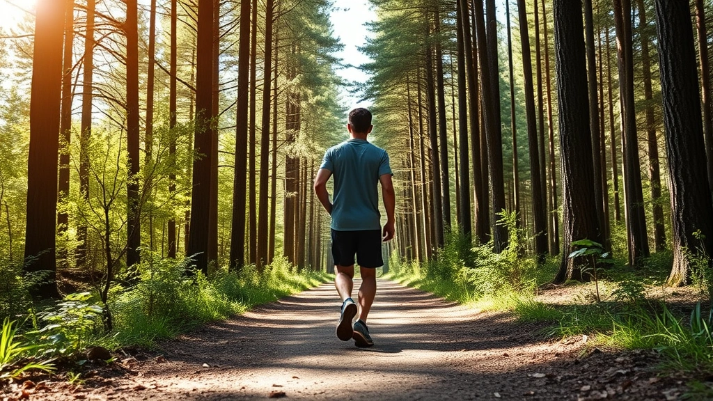 Person walking alone through forest path surrounded by tall trees and dappled sunlight, relaxed posture, natural outdoor setting for active recovery and mental restoration