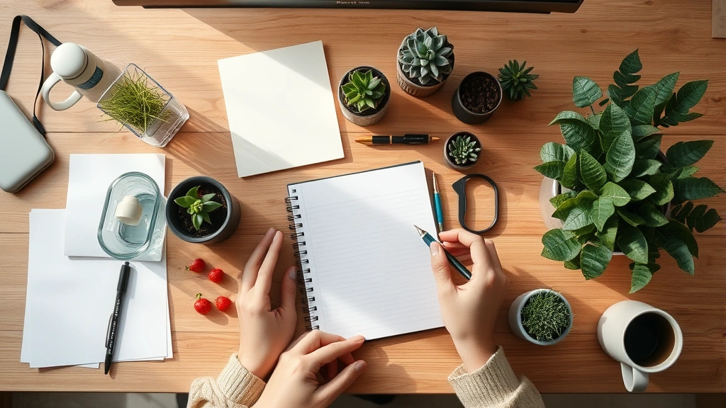 Overhead view of organized workspace with notebook, water bottle, and plants on wooden desk, morning light, calm and minimal aesthetic, person's hands visible organizing materials