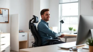 Person in bright, minimalist workspace with clear desk, sitting in ergonomic chair, looking focused and calm, natural window light streaming in, peaceful expression, no screens visible