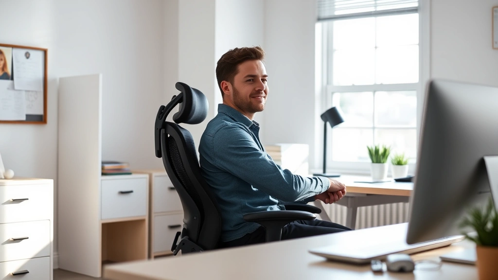 Person in bright, minimalist workspace with clear desk, sitting in ergonomic chair, looking focused and calm, natural window light streaming in, peaceful expression, no screens visible