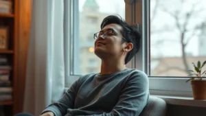 Person sitting peacefully indoors by a window with soft natural light, eyes closed or gazing peacefully outside, completely relaxed expression, no work materials visible, warm and calm atmosphere, photorealistic, high quality